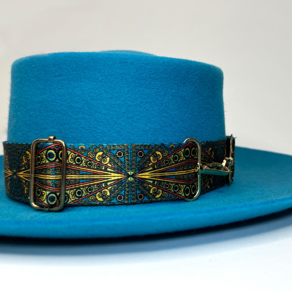 turquoise blue fedora close up paisley hatband